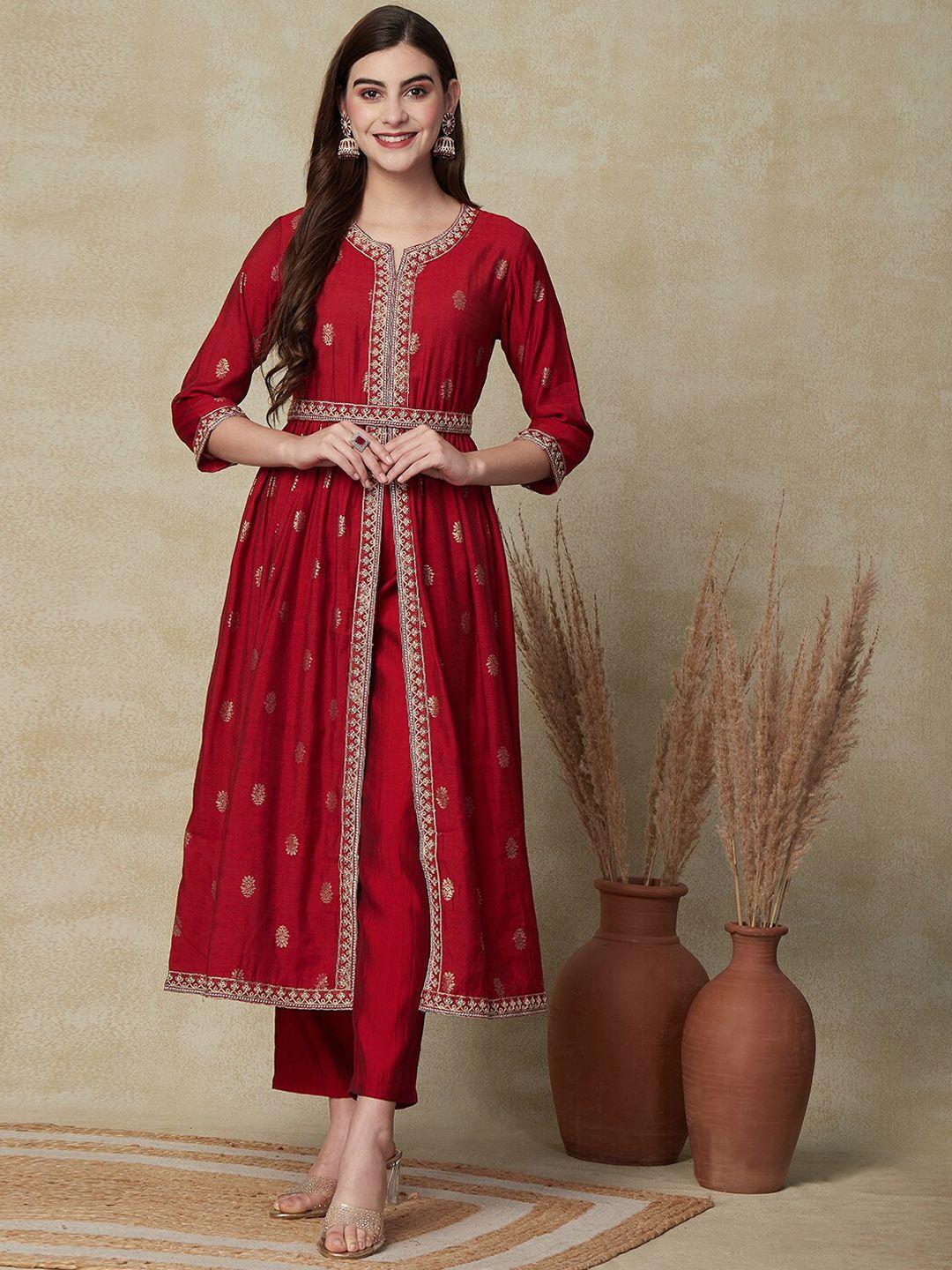 fashor floral printed thread work pleated a-line kurta with trousers & dupatta
