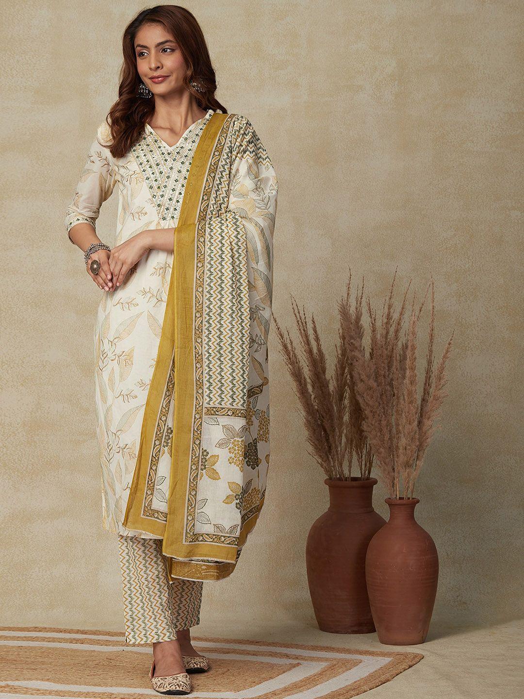 fashor floral printed thread work pure cotton straight kurta & trousers with dupatta