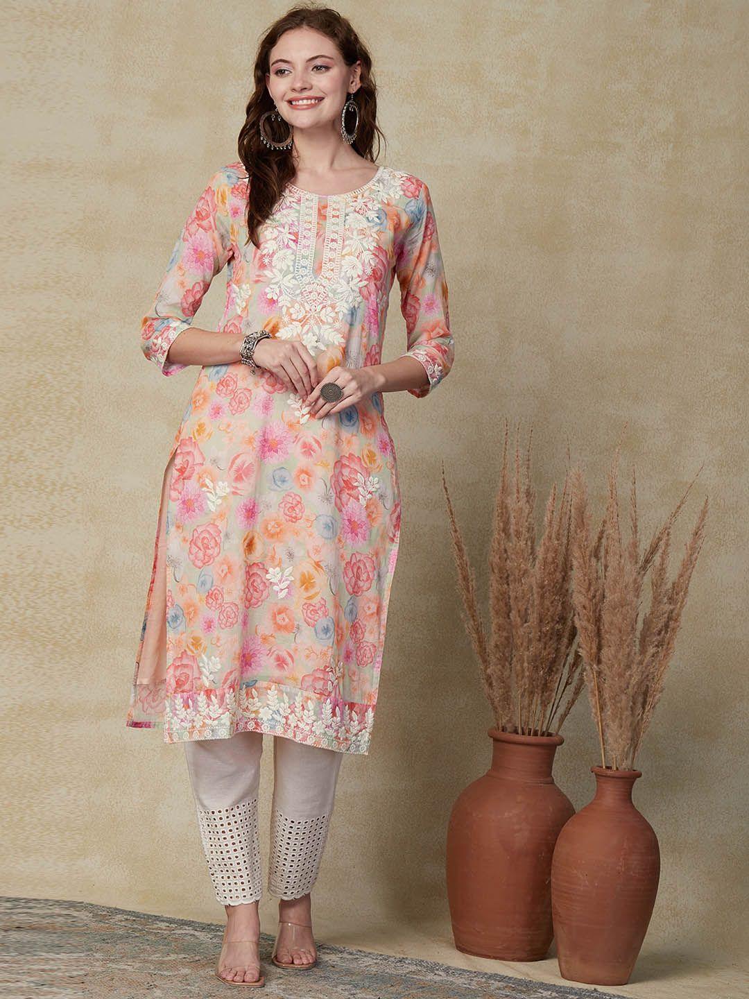 fashor floral printed thread work regular cotton kurta