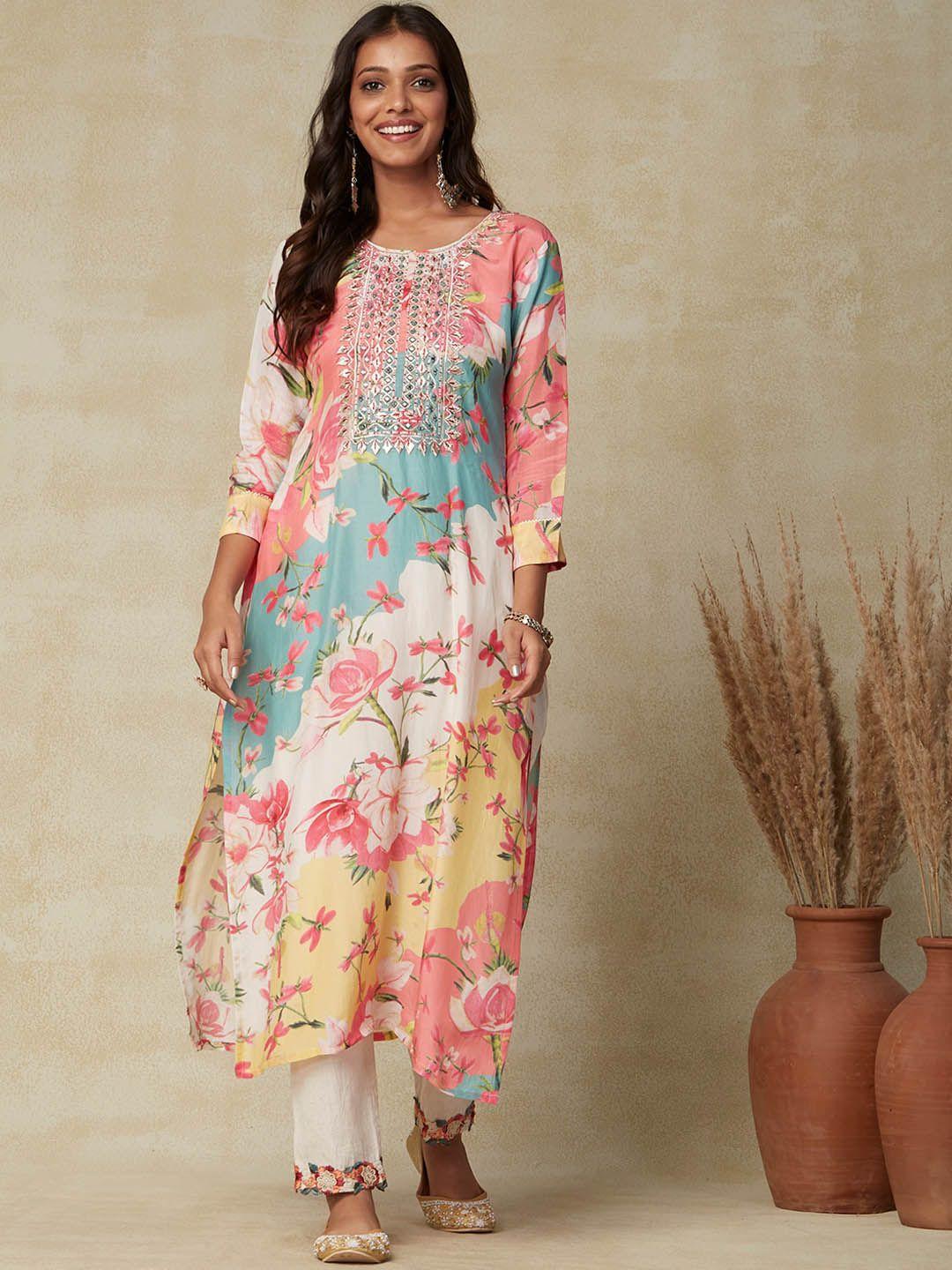 fashor floral printed thread work sequinned a-line kurta