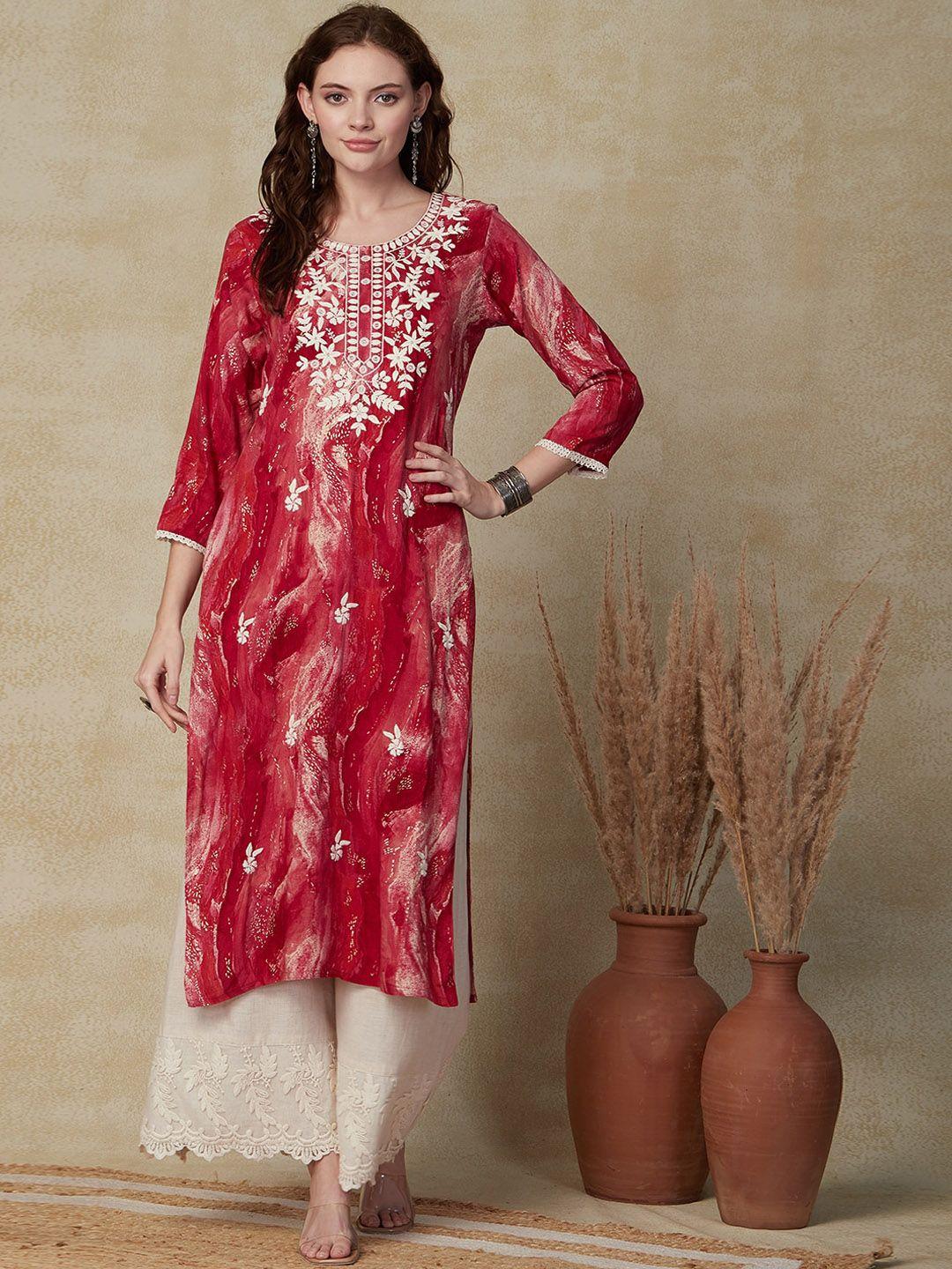 fashor floral printed thread work straight kurta