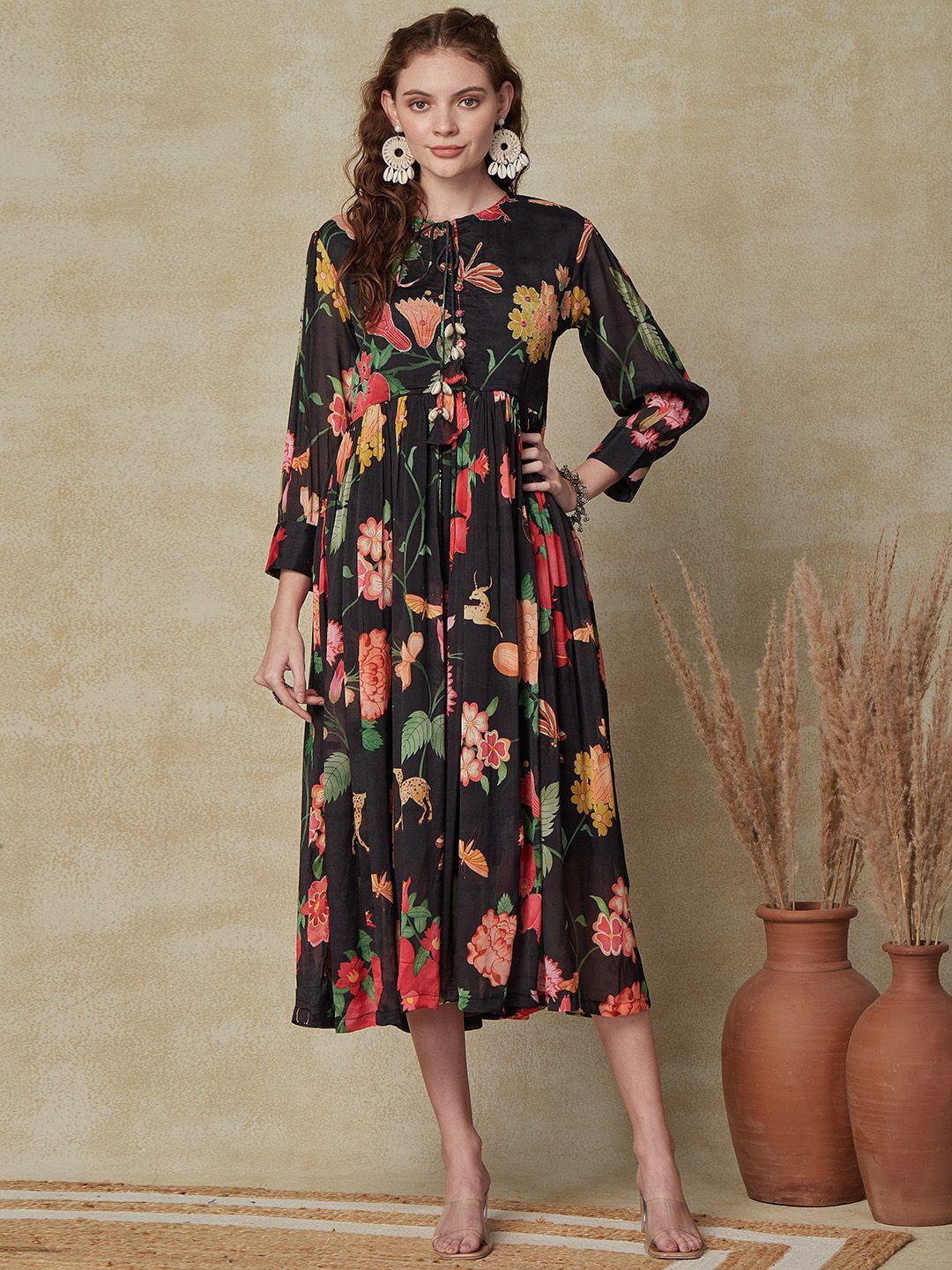 fashor floral printed tie-up neck a-line silk midi dress