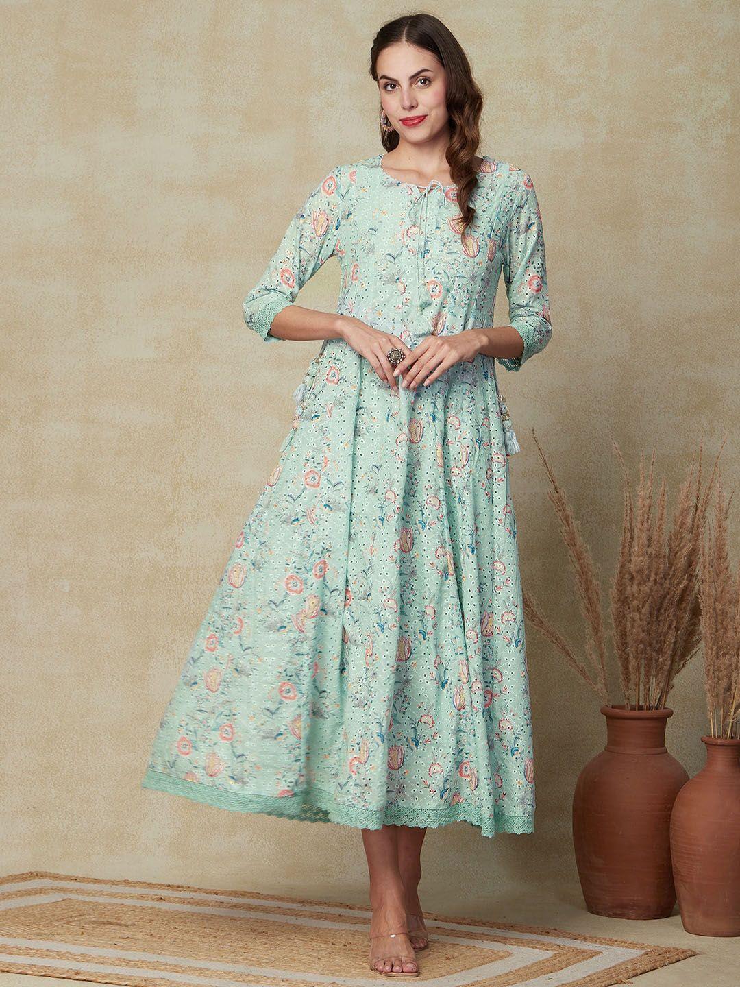fashor floral printed tie-up neck gathered cotton a-line midi dress