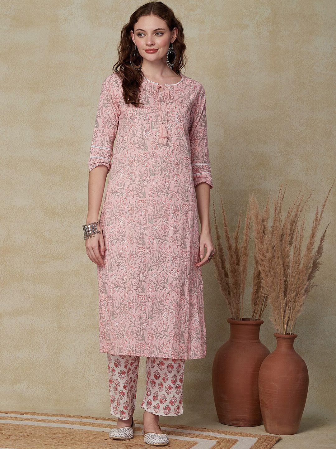fashor floral printed tie-up neck pure cotton straight kurta with trousers