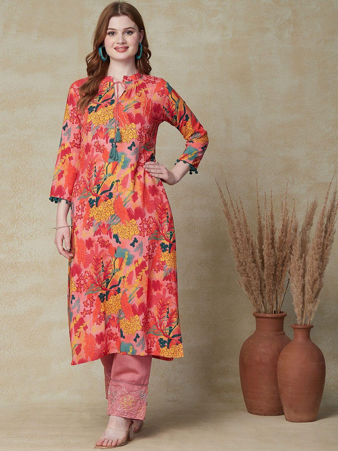 fashor floral printed tie-up neck straight kurta