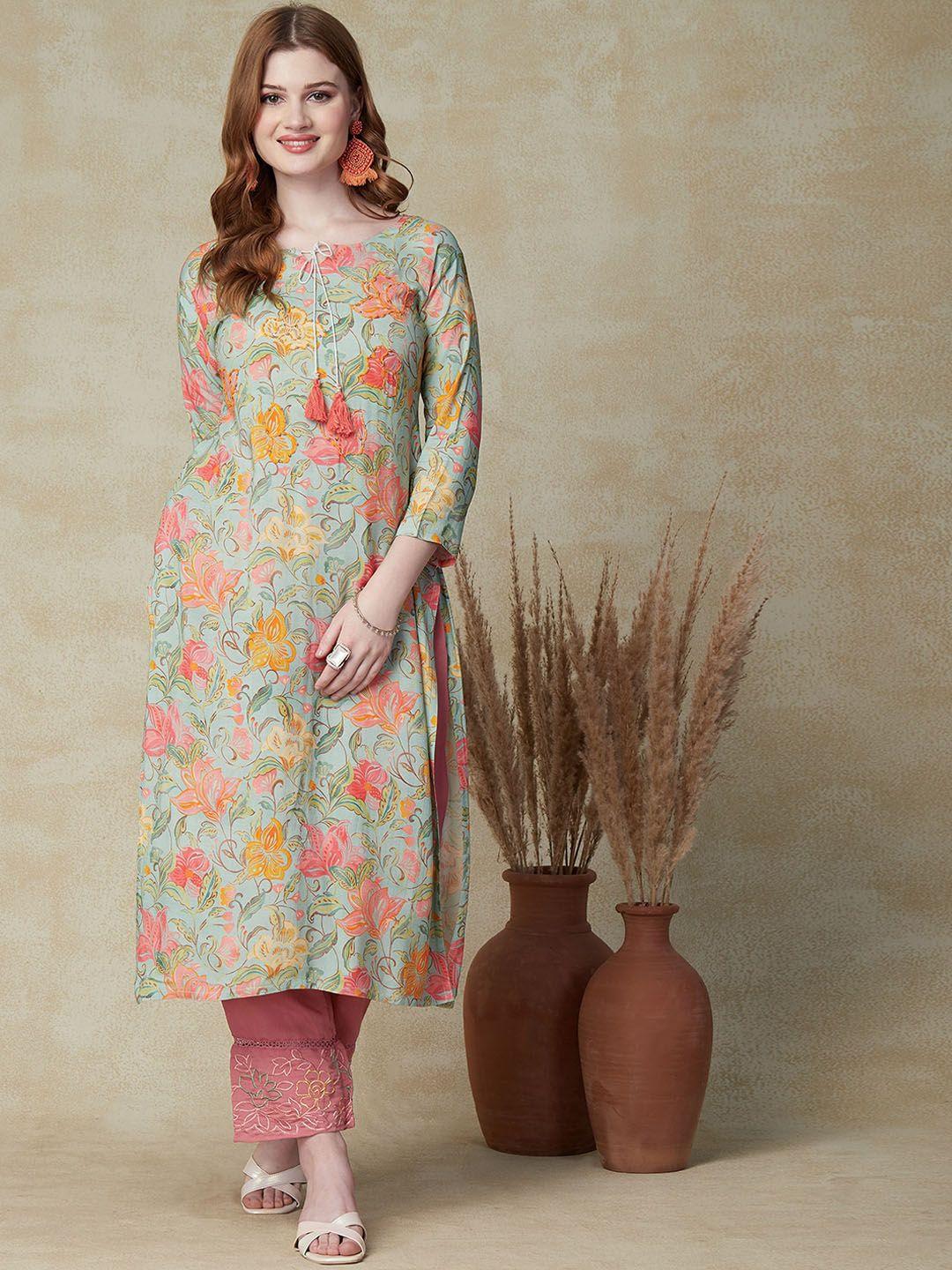 fashor floral printed tie-up neck straight regular kurta