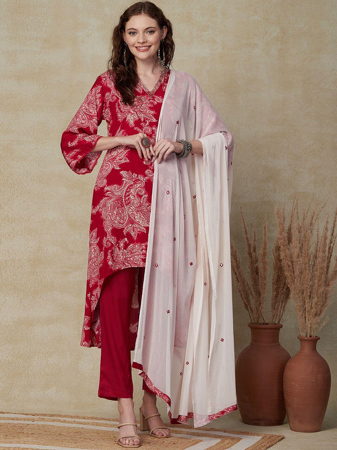 fashor floral printed v-neck a-line kurta & trousers with dupatta