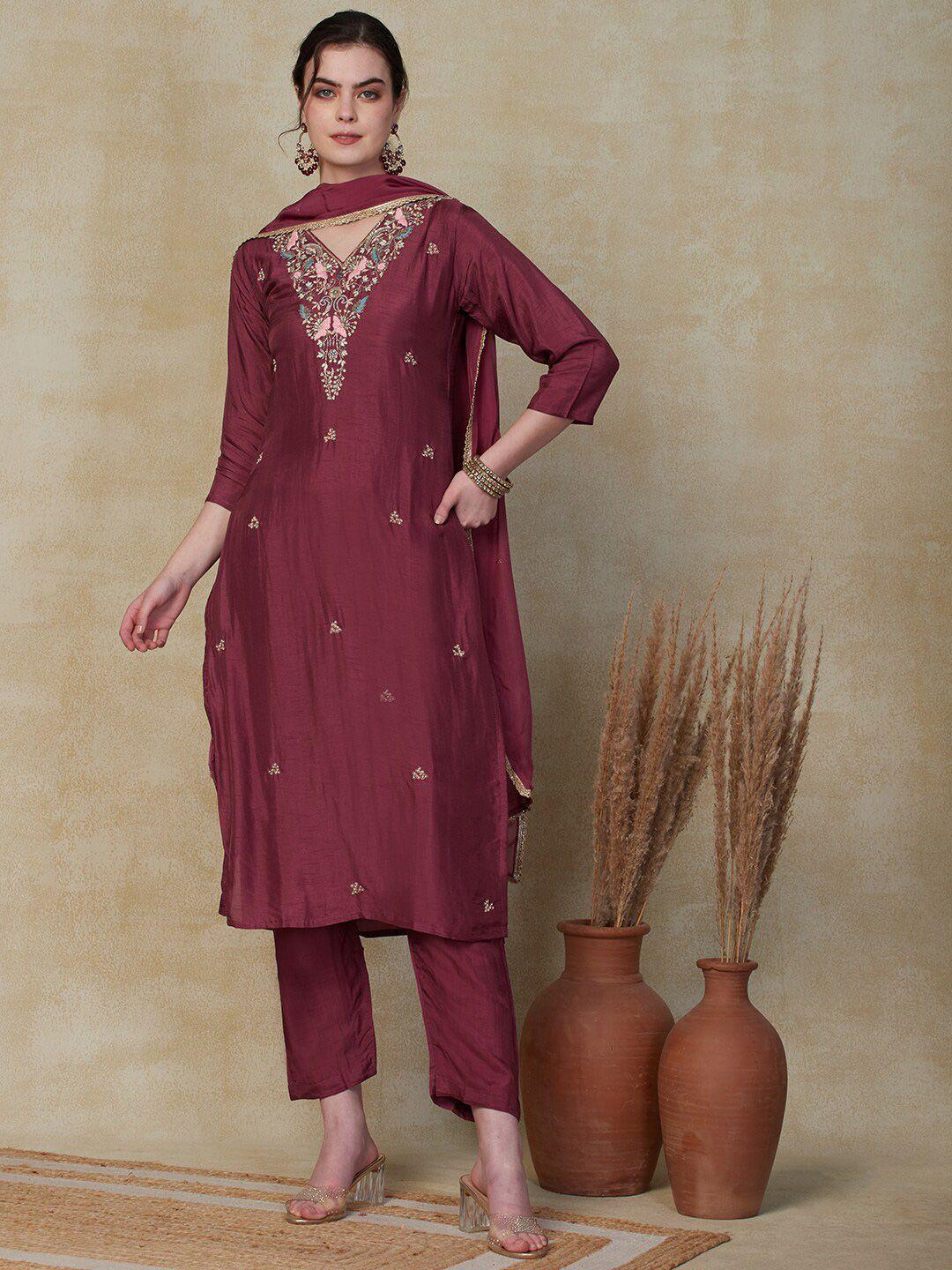 fashor floral printed v-neck embroidered thread work kurta with trousers & dupatta