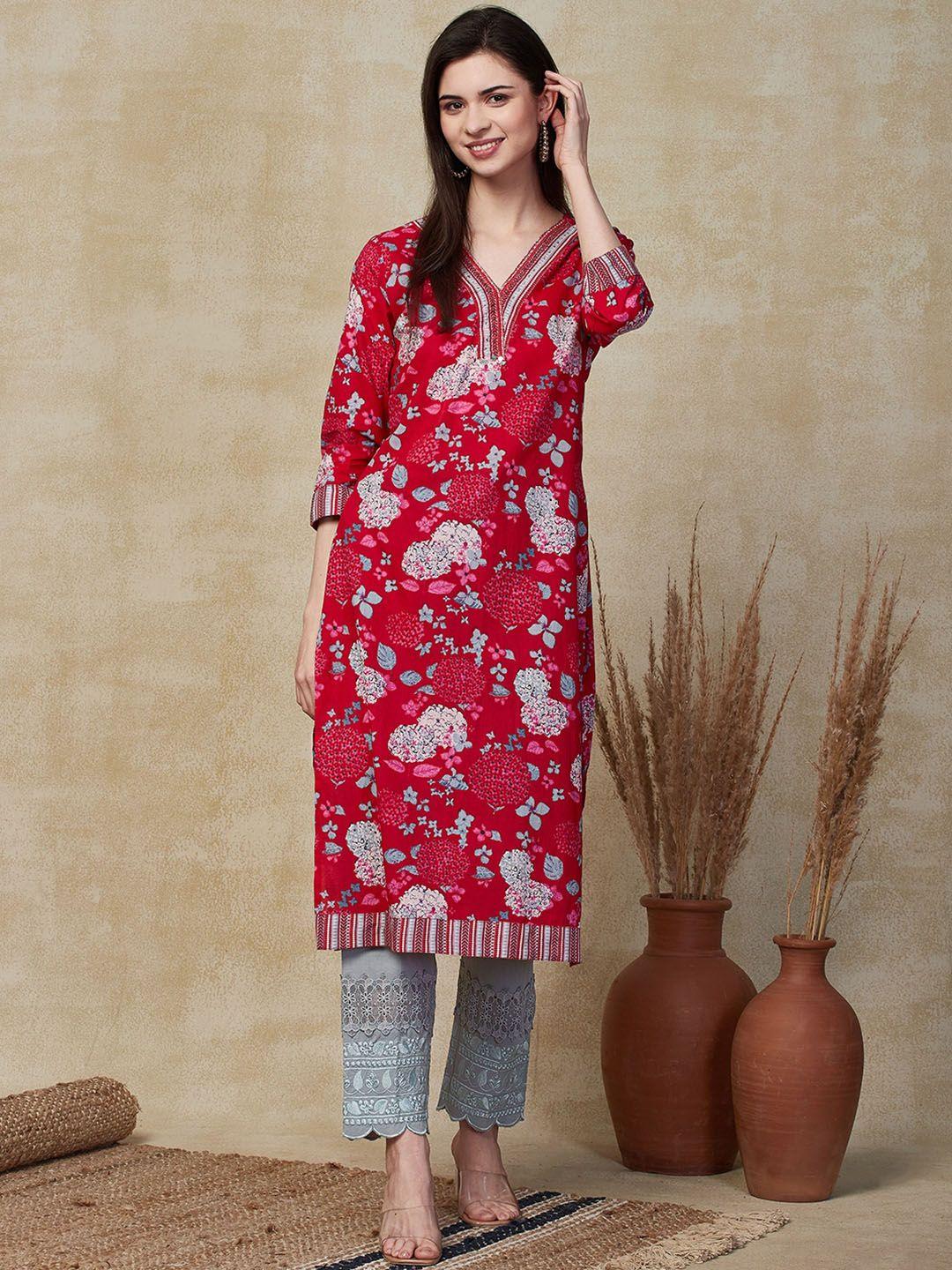 fashor floral printed v-neck pure cotton kurta