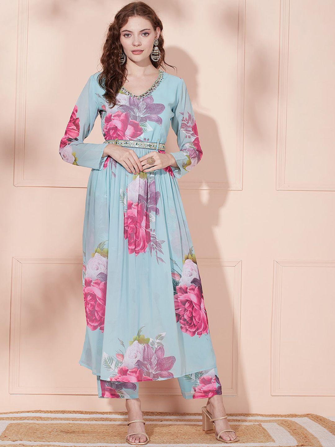 fashor floral printed v-neck sequinned a-line kurta with trousers