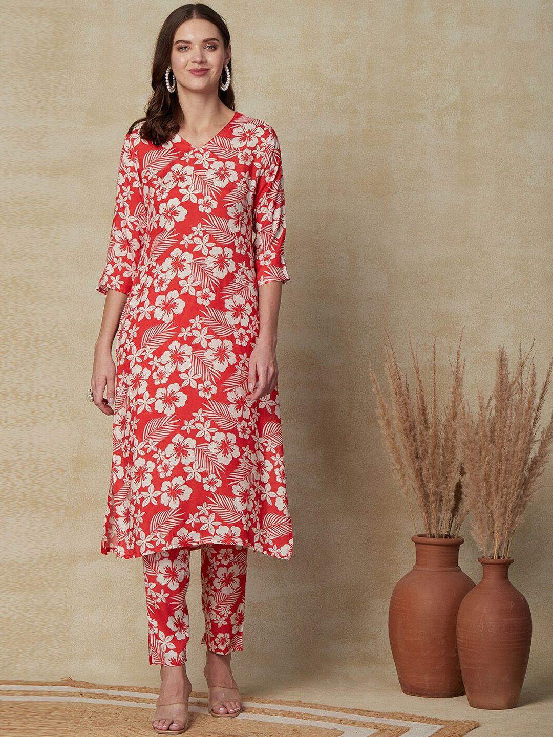 fashor floral printed v-neck straight kurta with trousers