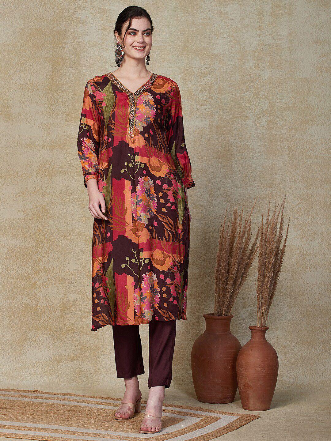 fashor floral printed v-neck straight kurta with trousers