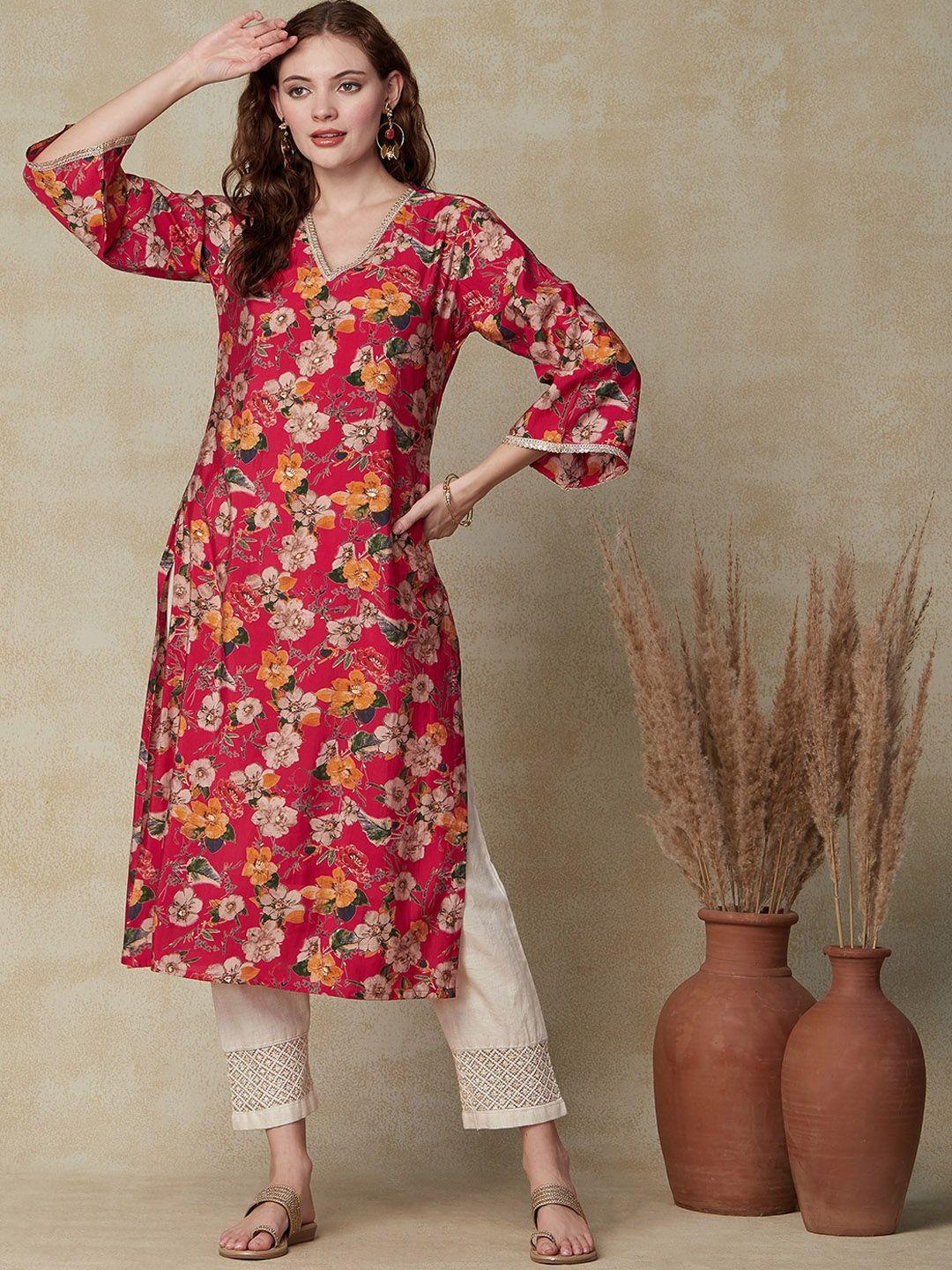 fashor floral printed v-neck straight kurta