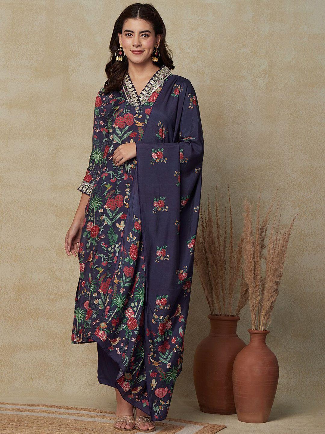 fashor floral printed v-neck thread work straight kurta & trouser with dupatta