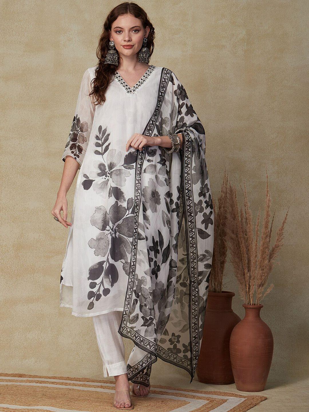 fashor floral printed v-neck thread work straight kurta & trousers with dupatta