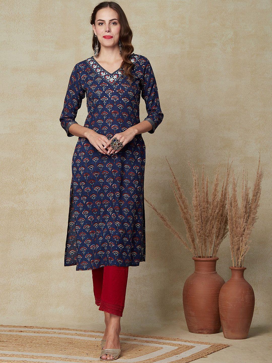 fashor floral printed v-neck three-quarter mirror work straight kurta