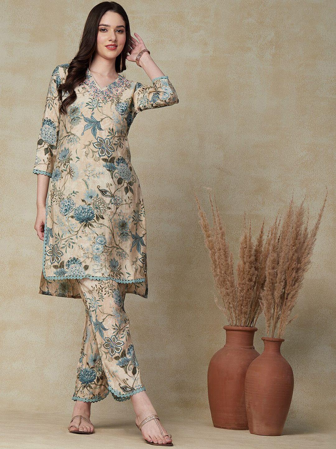 fashor floral printed v-neck three-quarter sleeves mirror work kurta set