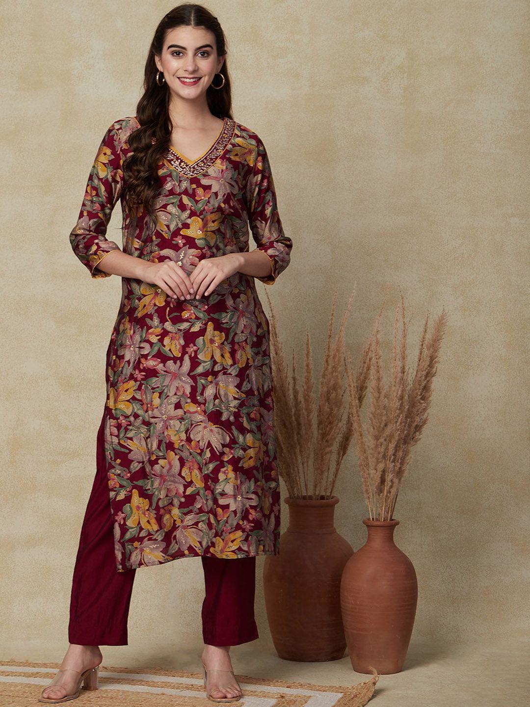 fashor floral printed v-neck zari straight kurta with trouser