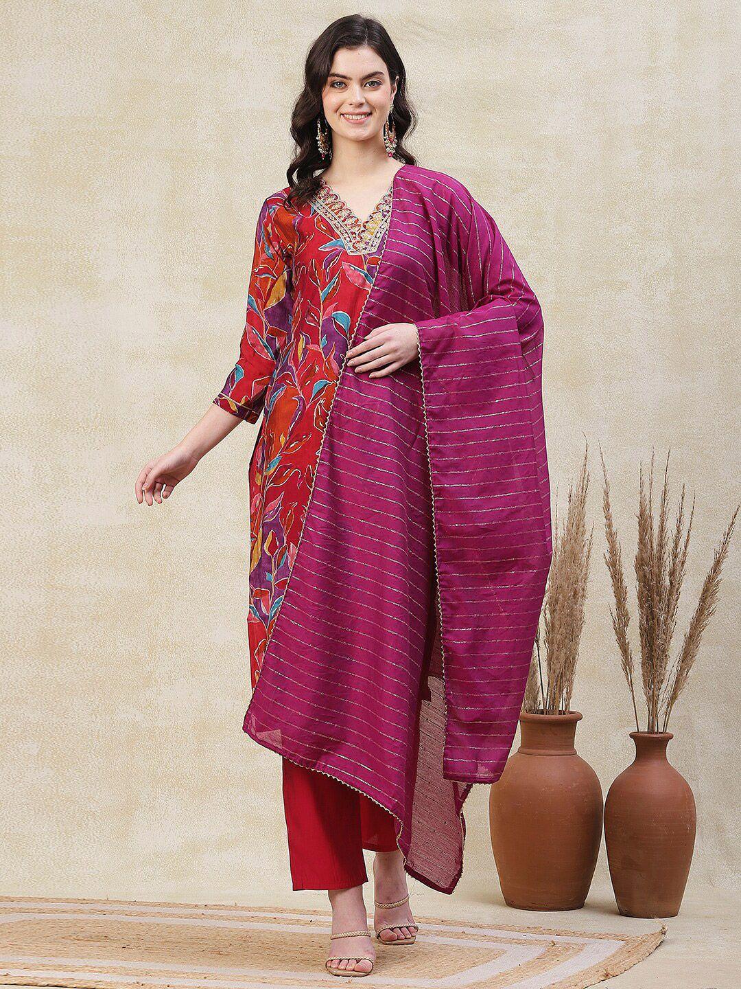 fashor floral printed zari & sequins embroidered straight kurta with trouser & dupatta