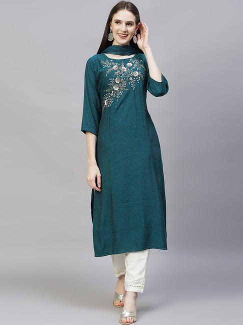 fashor floral teal green hand embroidered straight kurta with dupatta