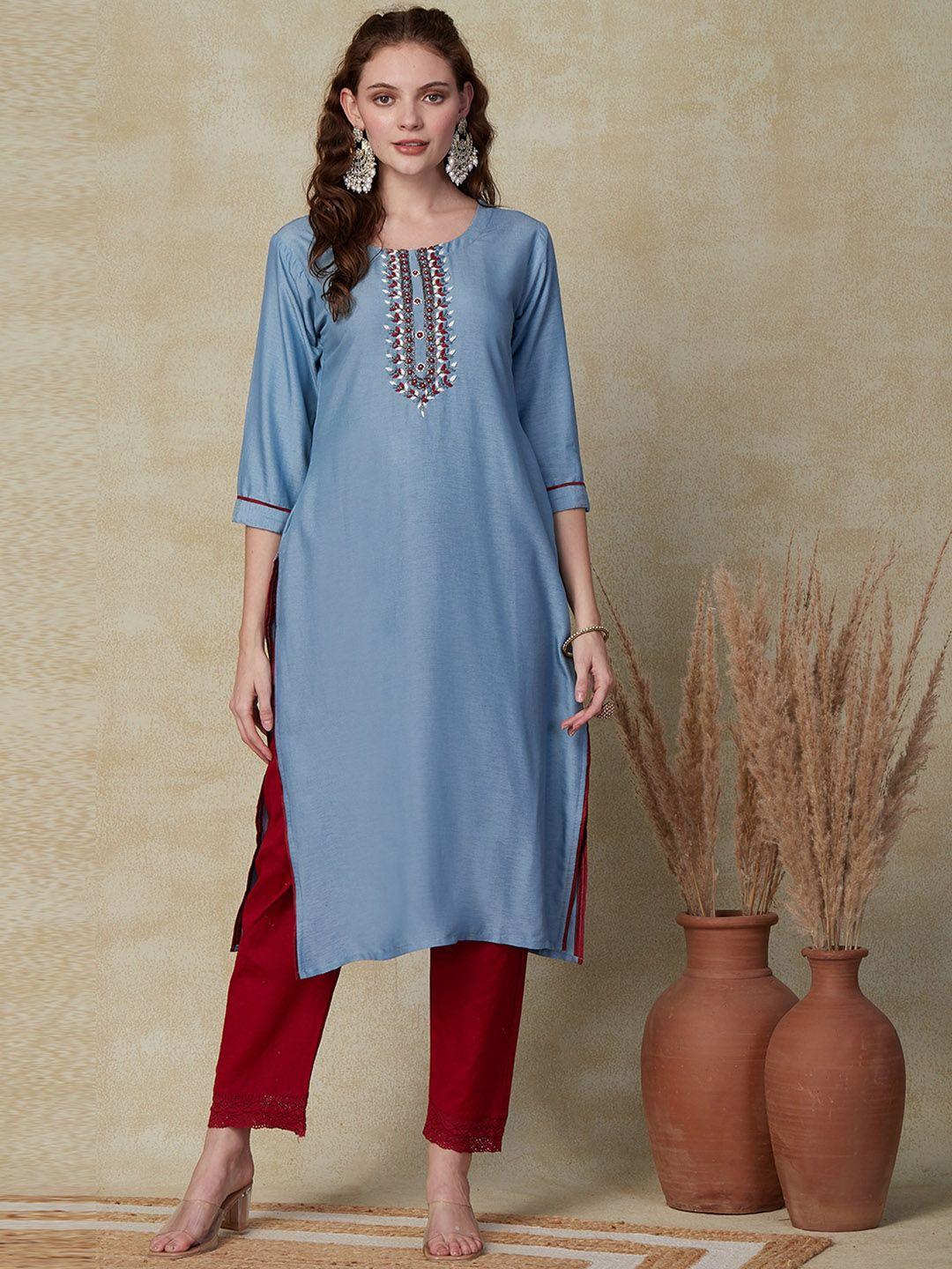 fashor floral yoke design embroidered thread work straight kurta