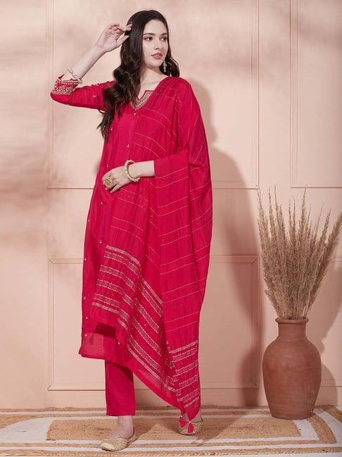 fashor fuchsia embroidered kurta pant set with dupatta