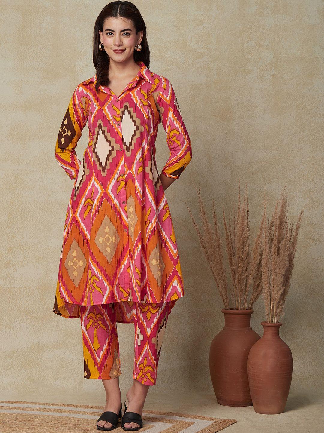 fashor geometric printed pure cotton shirt collar panelled a-line kurta with trousers