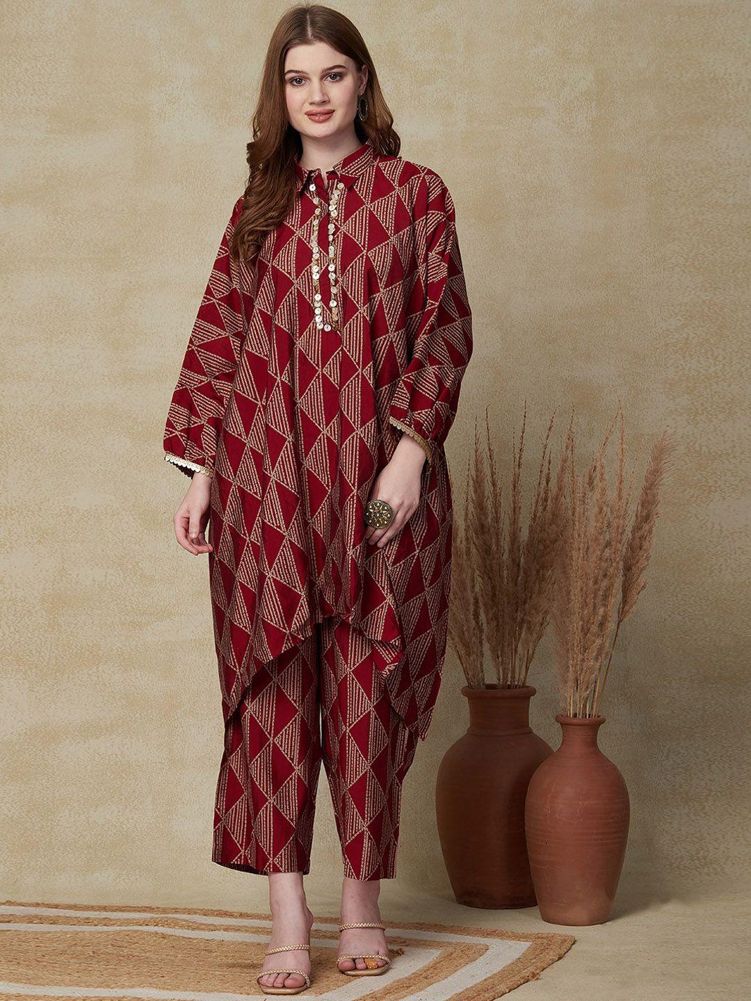 fashor geometric printed shirt collar flared sleeves kaftan kurta with palazzos