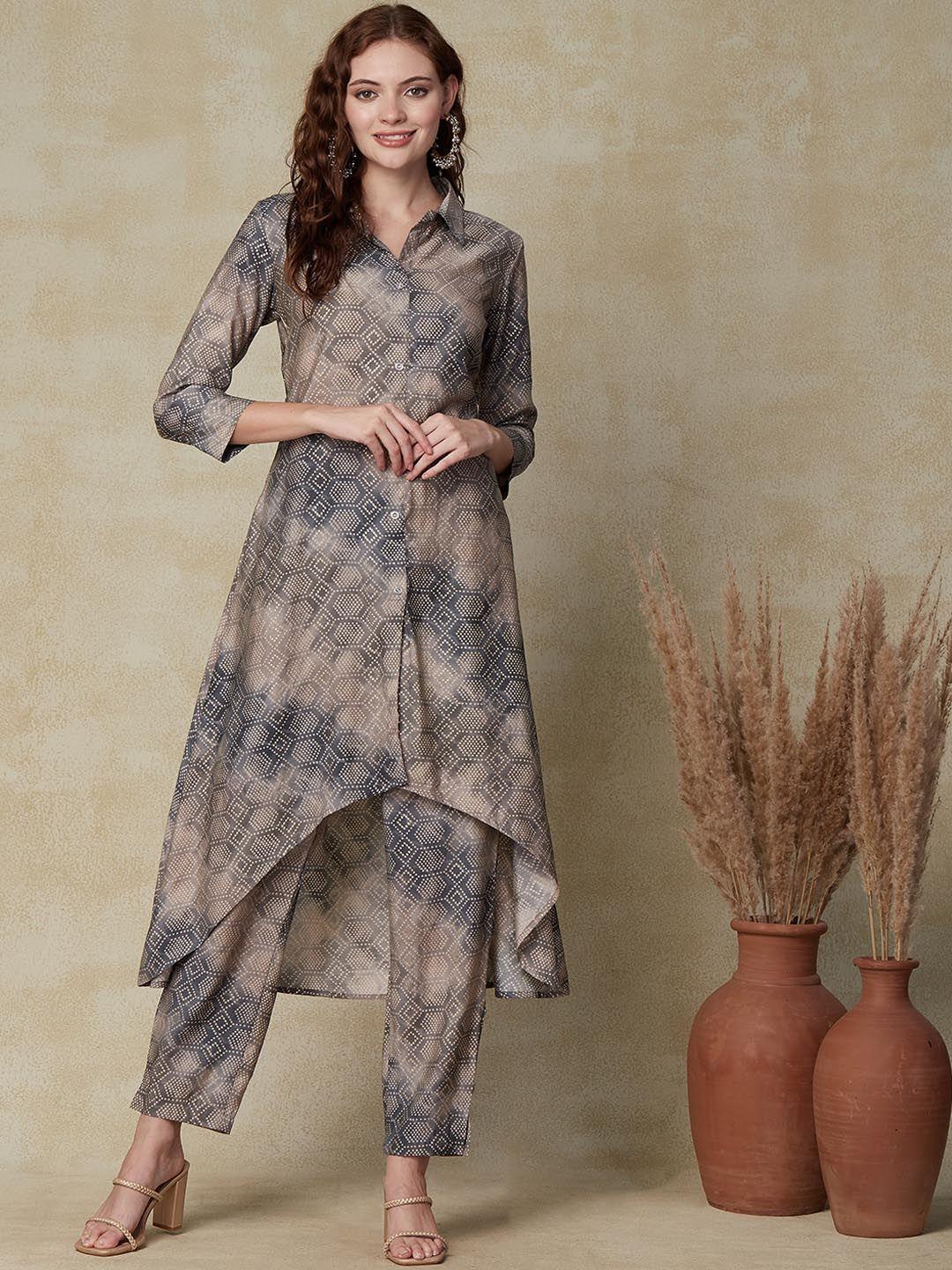 fashor geometric printed shirt collar kurta with trousers