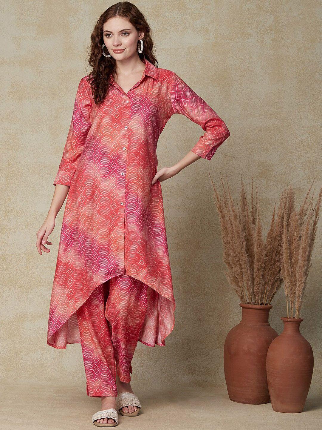 fashor geometric printed shirt collar kurta with trousers