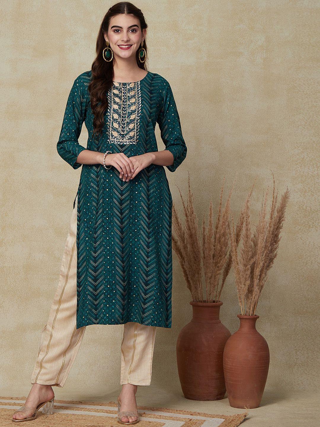 fashor geometric printed thread work straight kurta