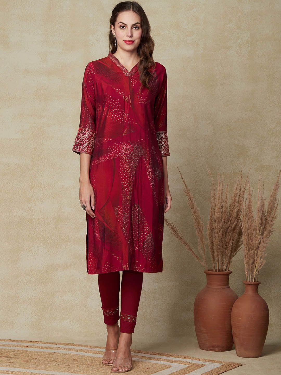 fashor geometric printed v-neck straight kurta