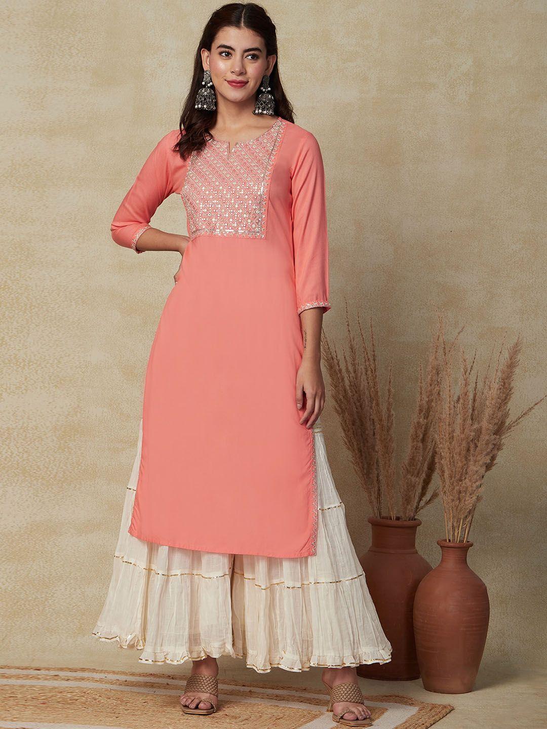 fashor geometric yoke design sequinned notched neck straight kurta