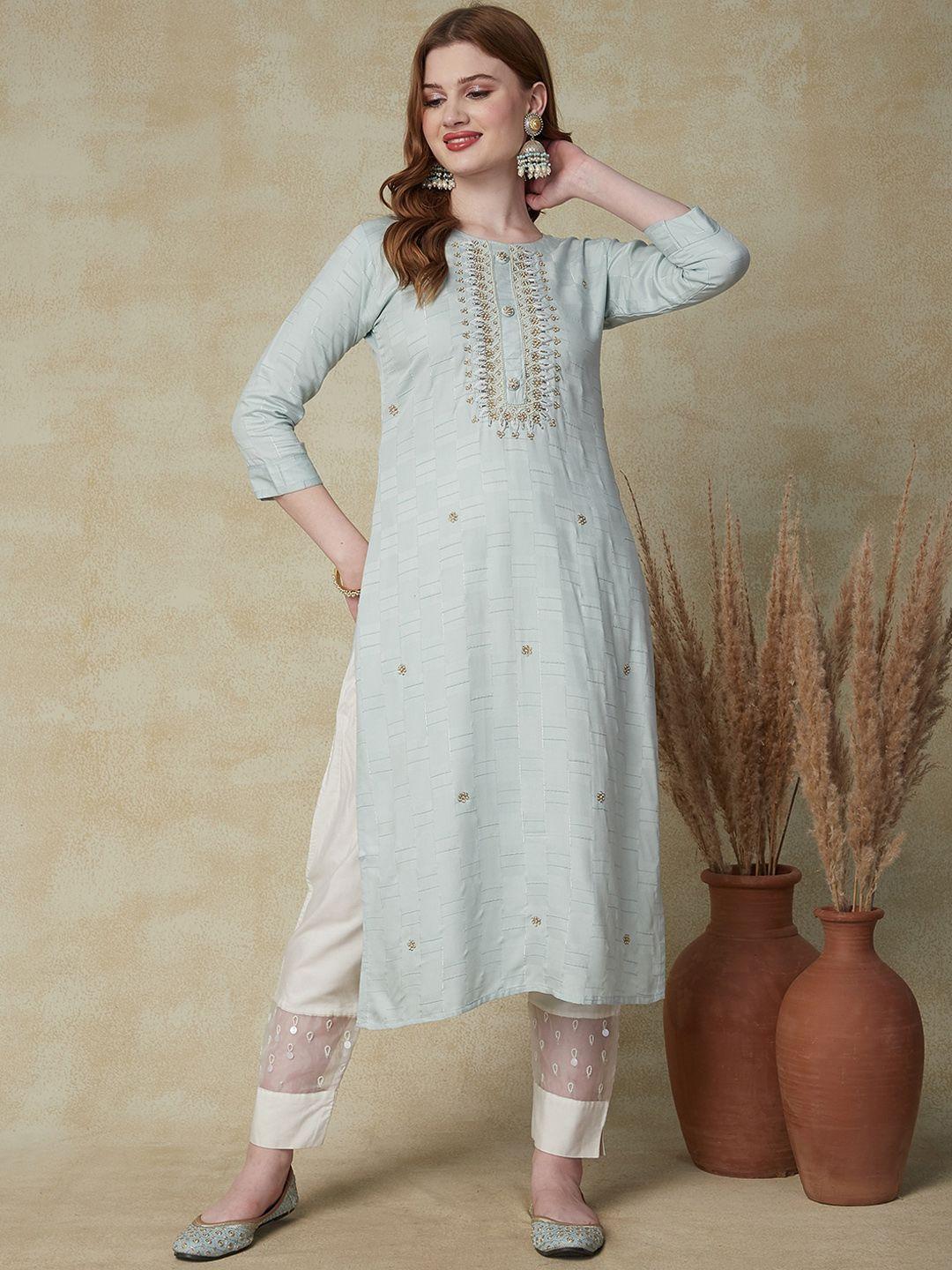 fashor geometric yoke design stones & beads straight kurta