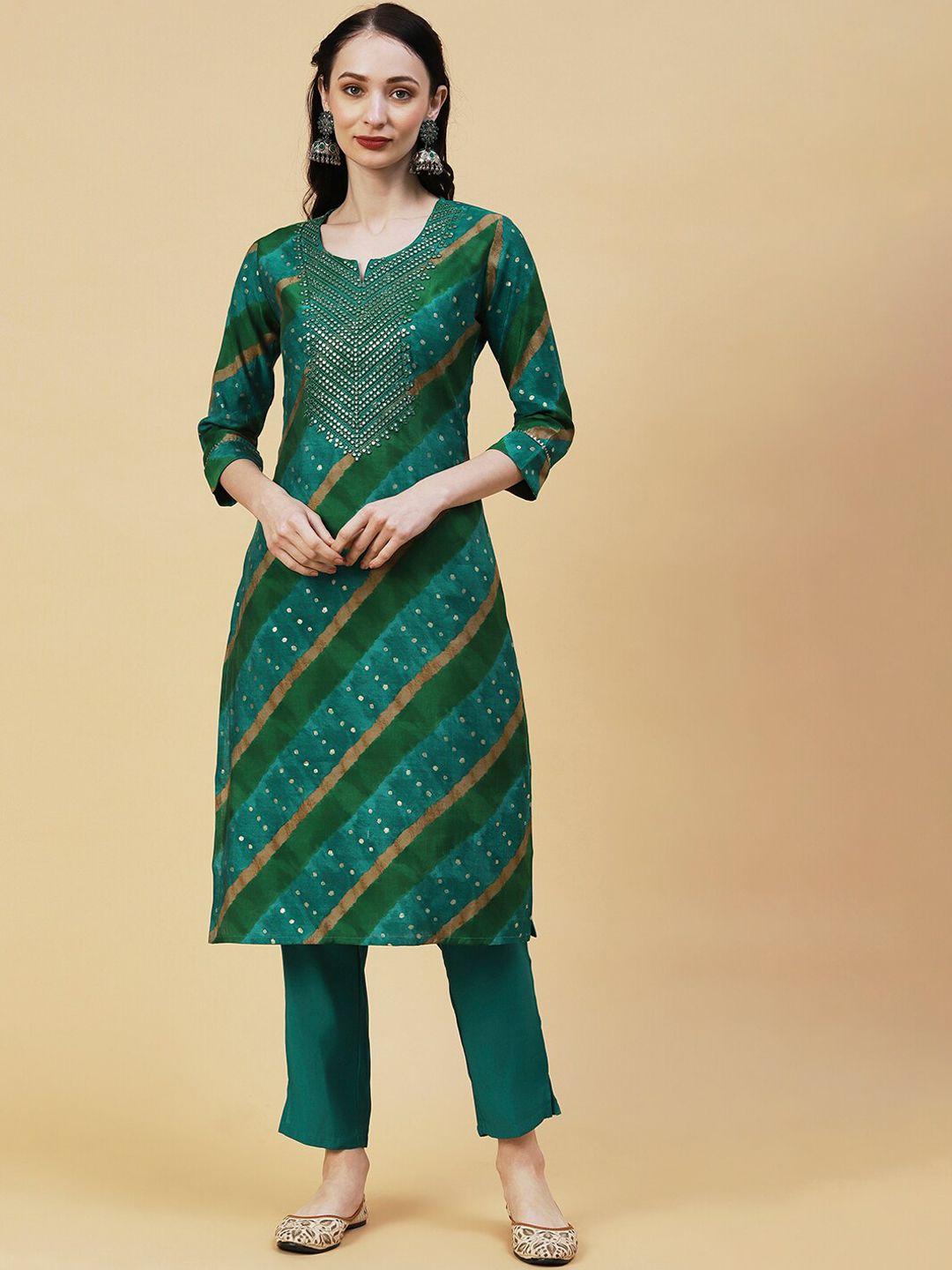 fashor green & brown leheriya printed notched neck mirror work kurta with trousers