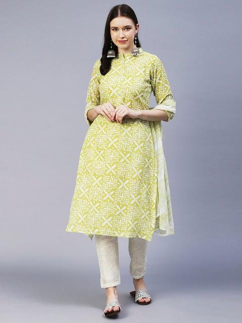 fashor green & off-white printed kurta pant set with dupatta