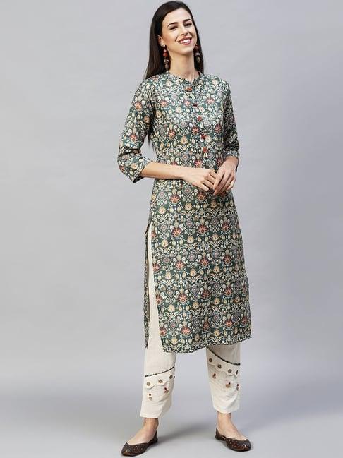 fashor green & off-white pure cotton printed kurta pant set