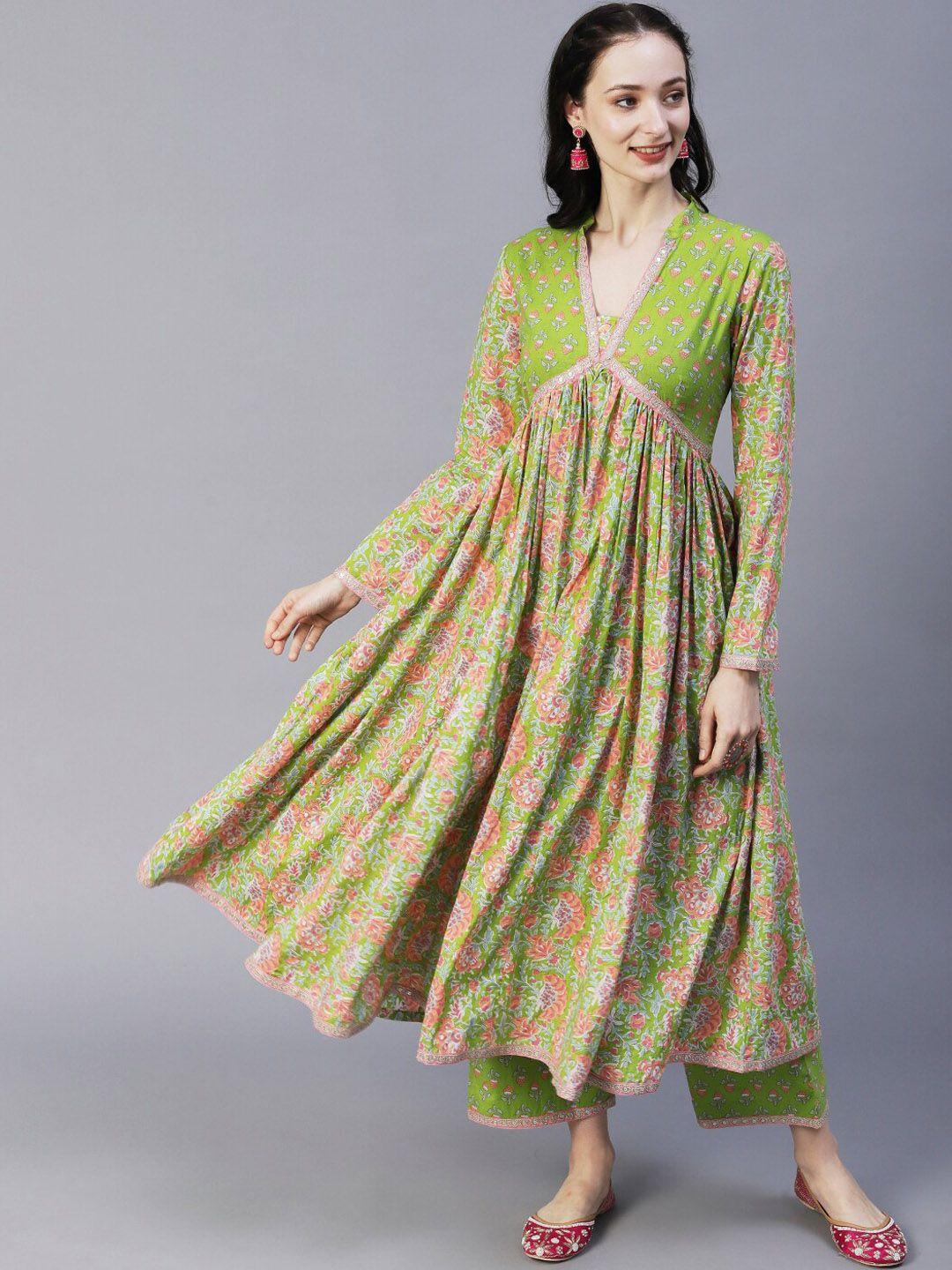 fashor green & orange floral printed anarkali sequined pure cotton kurta with palazzos
