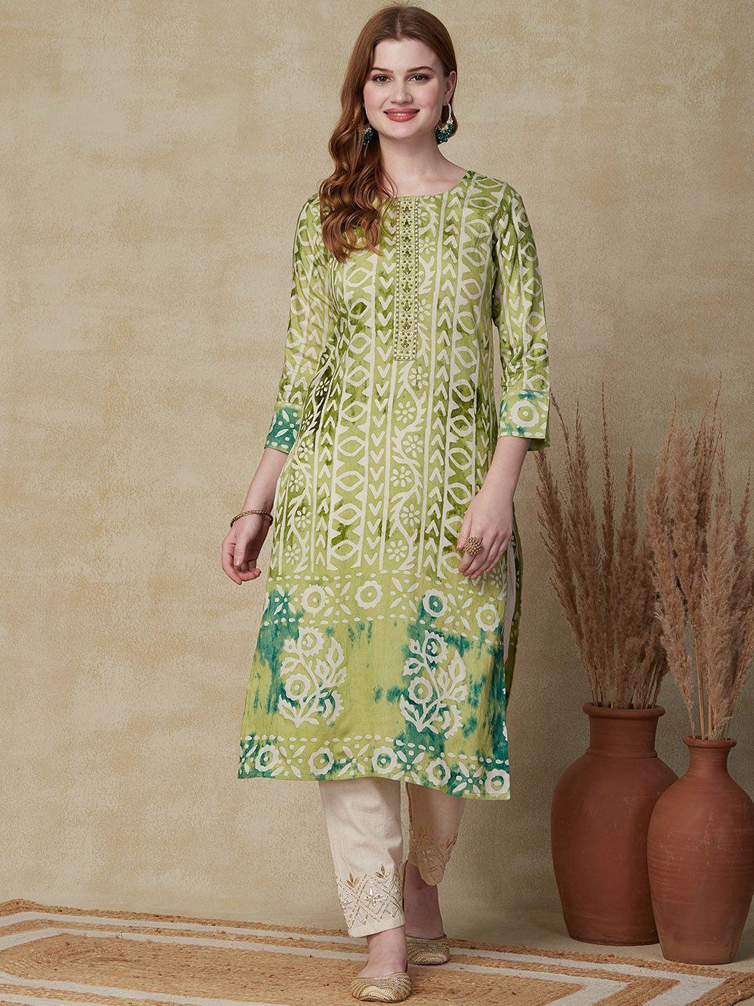 fashor green & white floral printed straight chanderi cotton kurta