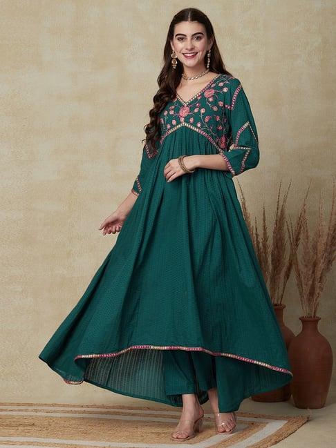 fashor green cotton embroidered kurta pant set