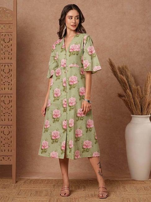 fashor green cotton floral print a-line dress