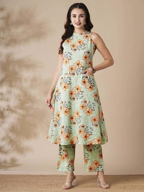 fashor green cotton floral print kurta palazzo set