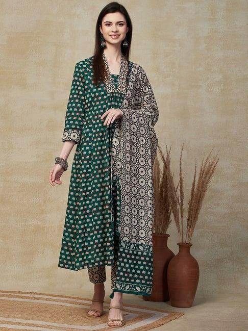 fashor green cotton floral print kurta pant set with dupatta