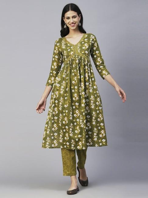 fashor green cotton floral print kurta pant set