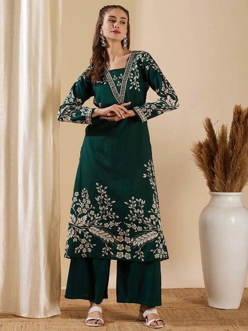 fashor green embroidered kurta & palazzo set