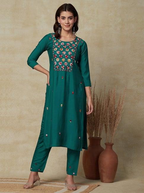 fashor green embroidered straight kurta