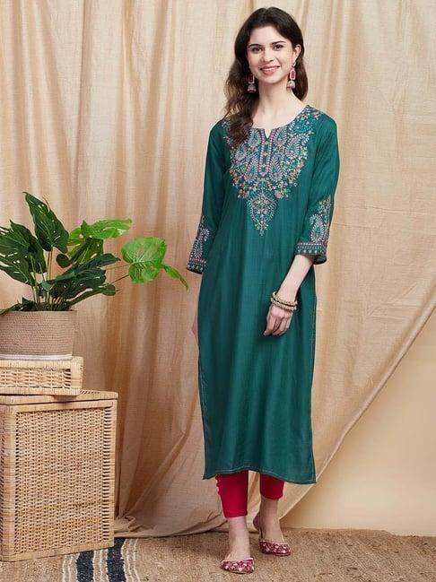 fashor green embroidered straight kurta