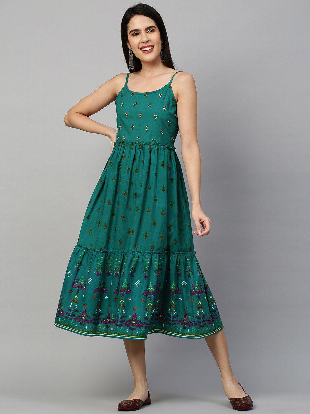 fashor green ethnic motifs a-line tiered midi dress