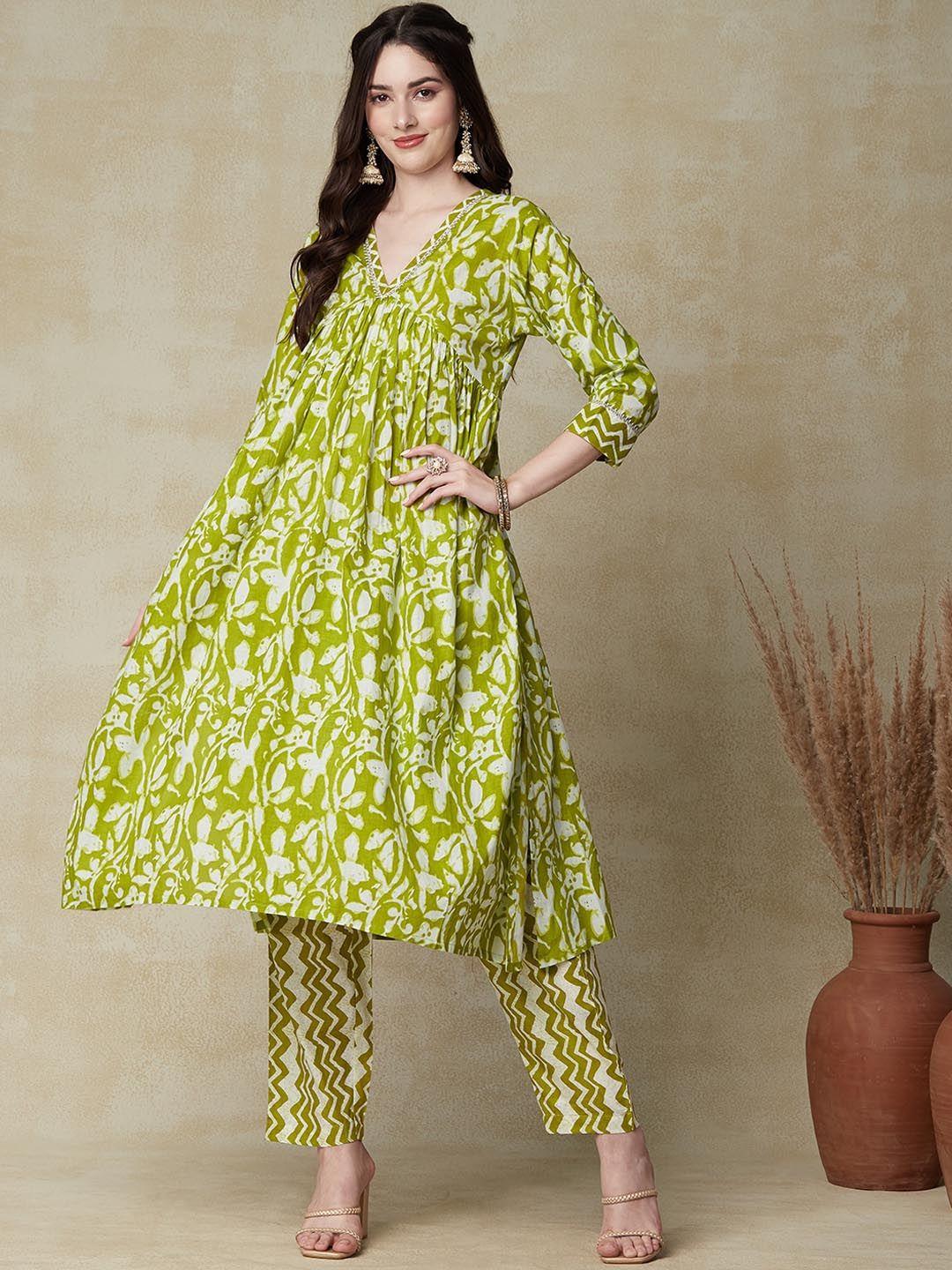 fashor green ethnic motifs printed gotta pati pure cotton empire a-line kurta & trousers