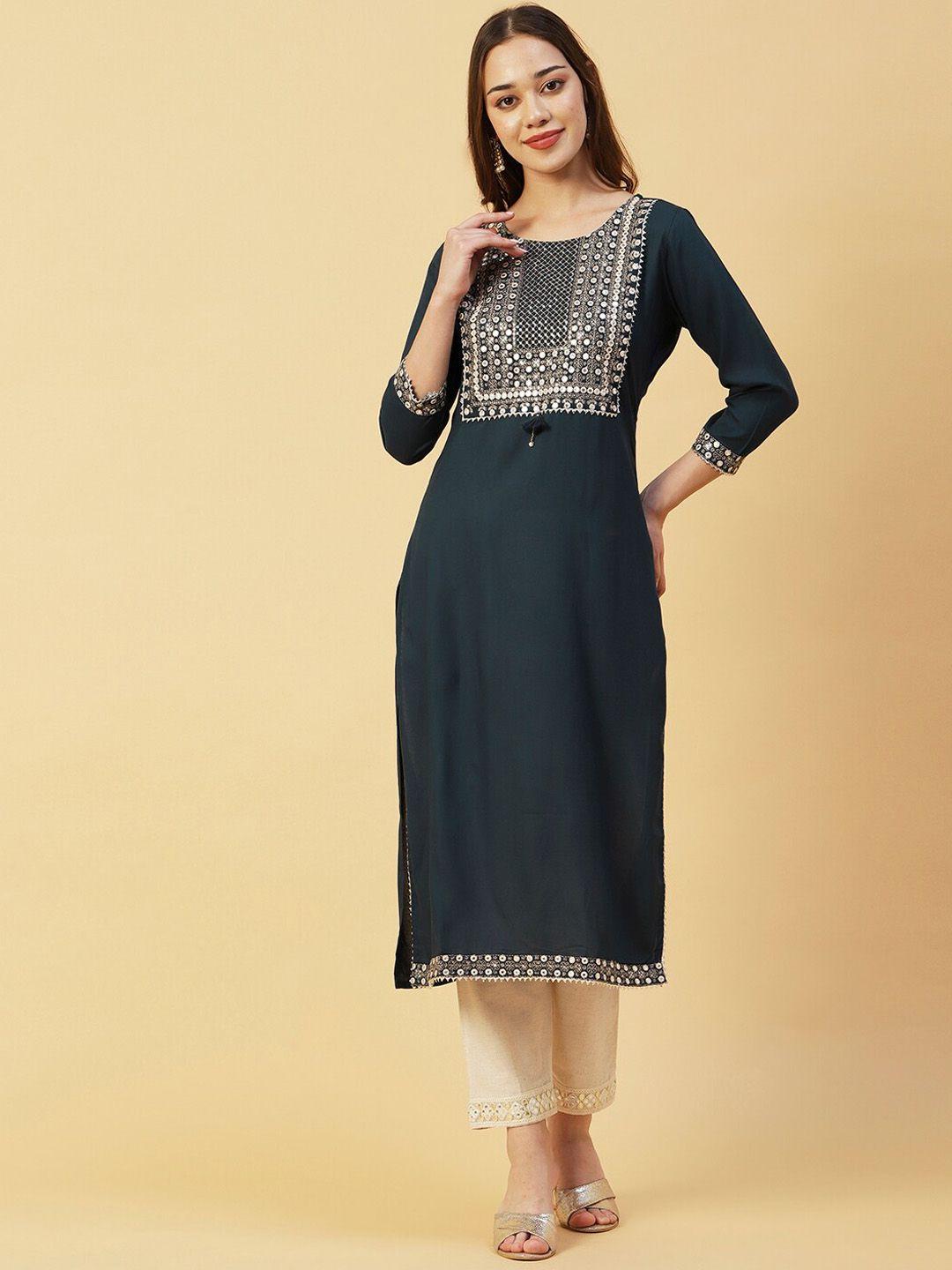 fashor green ethnic motifs yoke design mirror work kurta